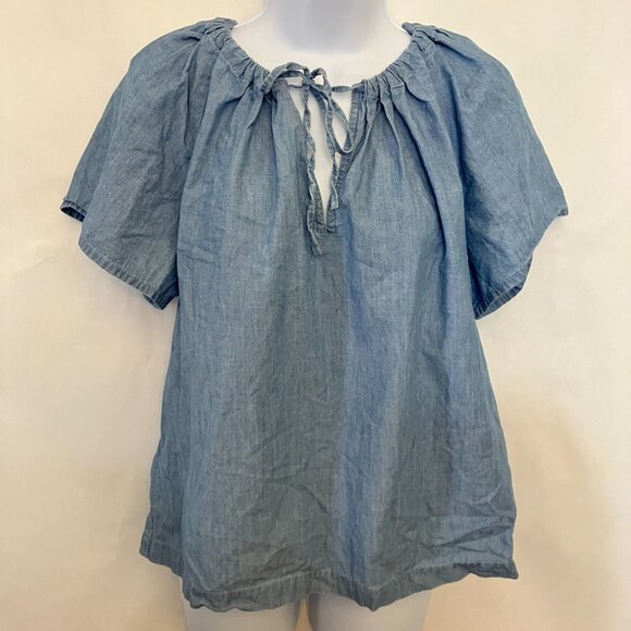 J. Crew Womens Chambray Peasant Top M Short Sleeve Tie Neck Blouse Cottagecore - Picture 2 of 9